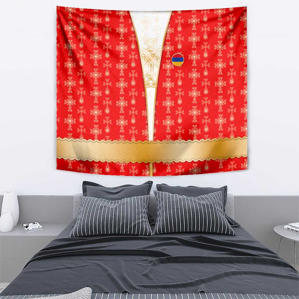 Armenian Traditional Red Tapestry with Gold Cross Pattern and Flag Crest - Wonder Print Shop