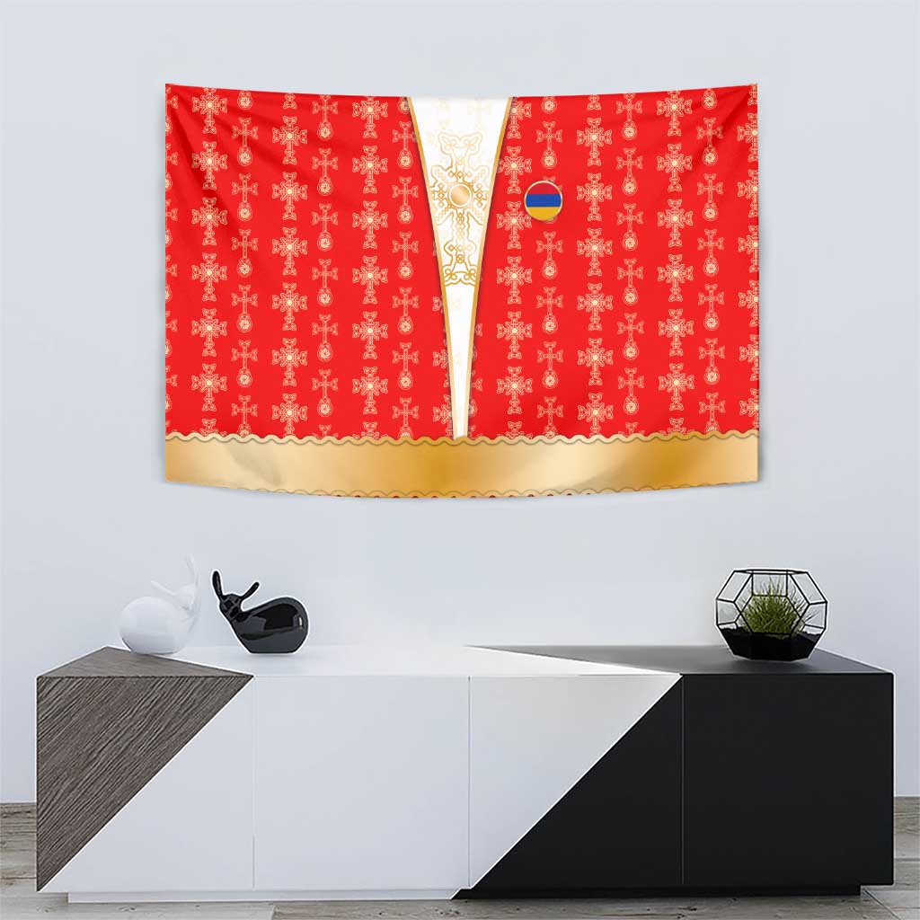 Armenian Traditional Red Tapestry with Gold Cross Pattern and Flag Crest - Wonder Print Shop