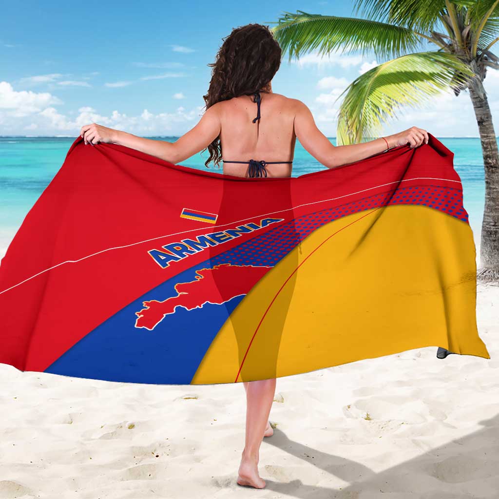 Armenia flag sarong draped wide, Armenia text and map graphic in red and blue