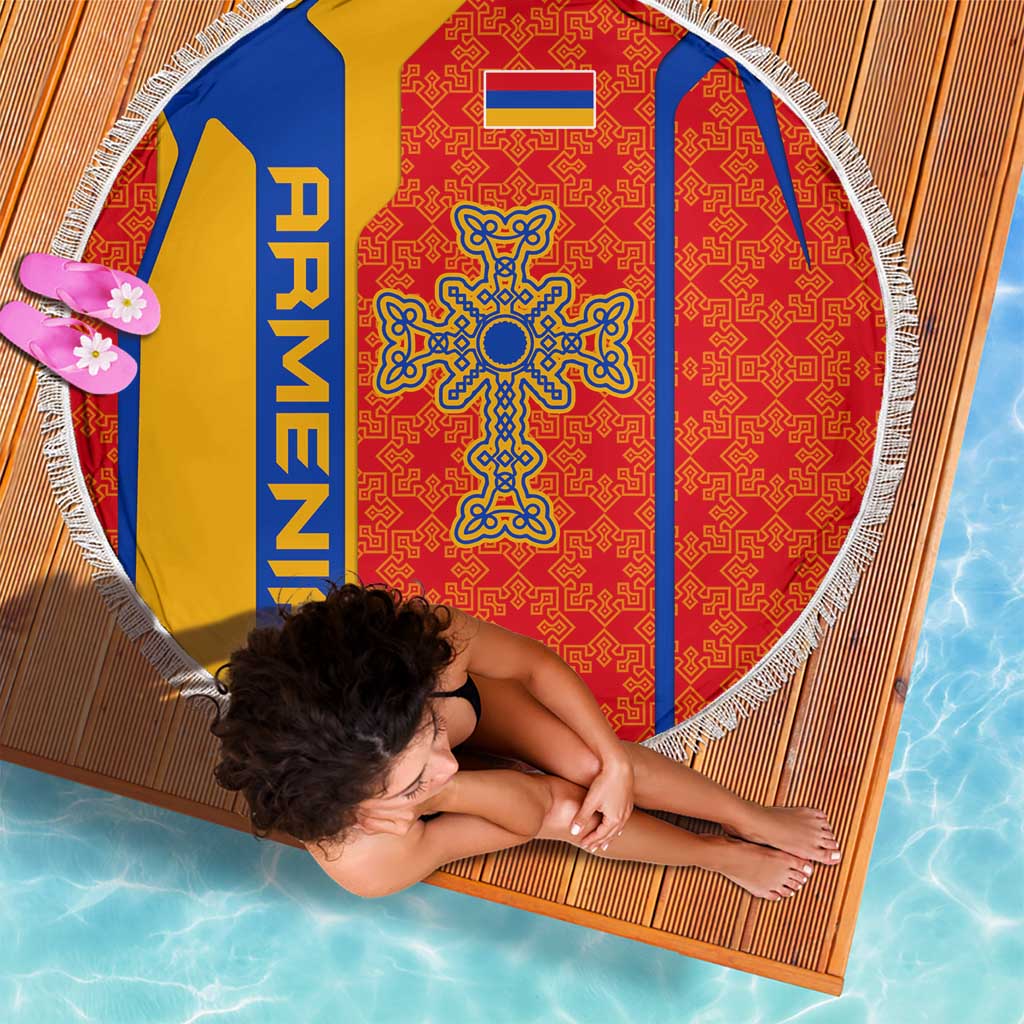 Armenia Flag-Inspired Beach Blanket with Ornamental Cross and Geometric Pattern Design - Wonder Print Shop