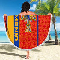 Armenia Flag-Inspired Beach Blanket with Ornamental Cross and Geometric Pattern Design - Wonder Print Shop