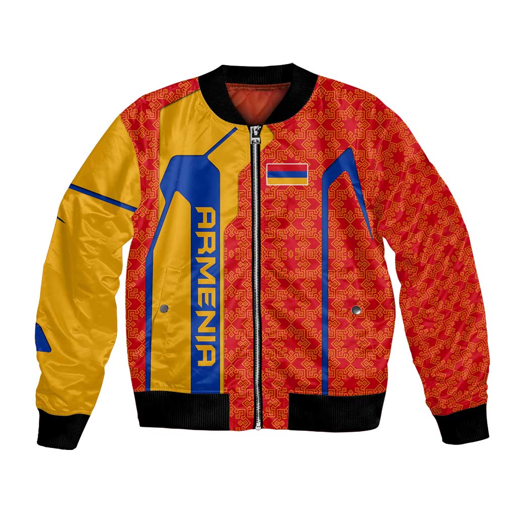 Armenia Flag-Inspired Bomber Jacket with Ornamental Cross and Geometric Pattern Design - Wonder Print Shop