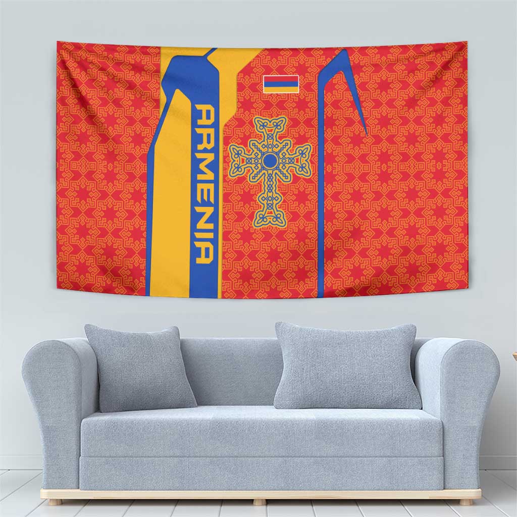 Armenia Flag-Inspired Tapestry with Ornamental Cross and Geometric Pattern Design - Wonder Print Shop