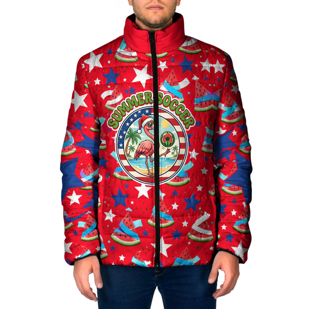 Christmas In July USA Soccer Padded Jacket Surfing Santa Flamingo Summer Watermelon