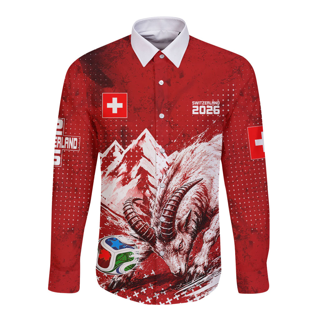 Personalized Switzerland Ibex Soccer 2026 Long Sleeve Button Shirt Grunge Swiss Football Cross Mountain