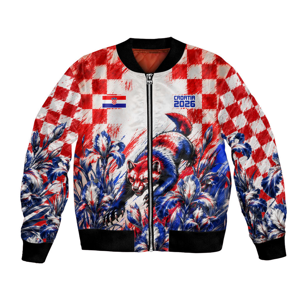 Personalized Croatia Marten Soccer 2026 Bomber Jacket Football Grunge Checkerboard Croatian Iris Floral