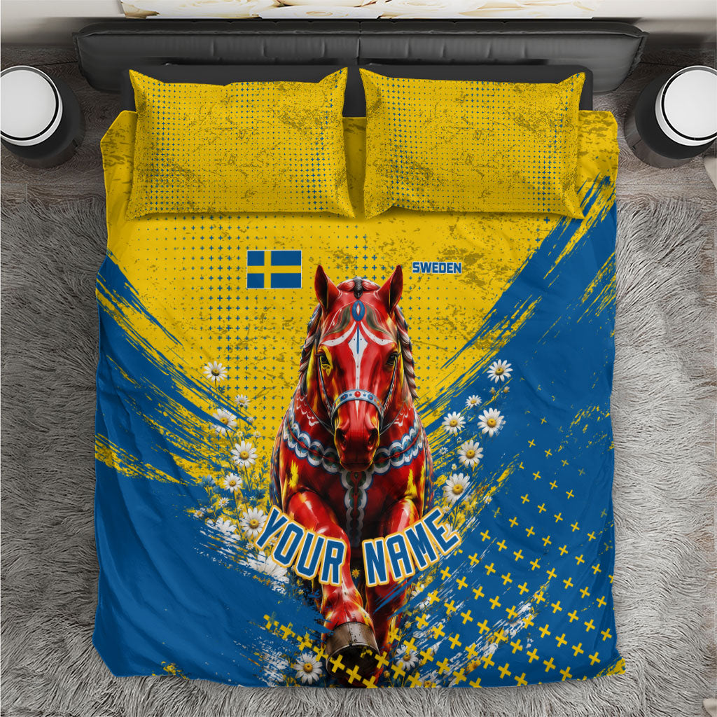 Personalized Sweden Dala Horse Soccer Bedding Set Grunge Swedish Flag Cheering Fans Floral