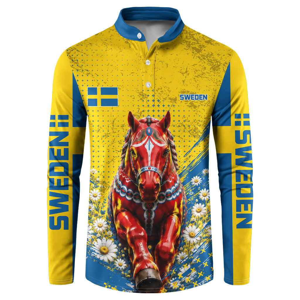 Personalized Sweden Dala Horse Soccer Button Sweatshirt Grunge Swedish Flag Cheering Fans Floral