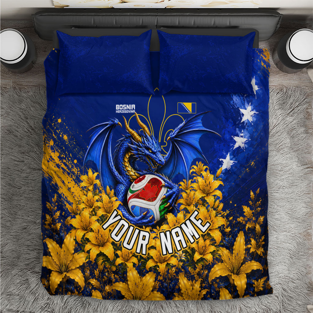 Personalized Bosnia Herzegovina Dragon Soccer Bedding Set Football Golden Lily Bosnian Flag Cheering Fans
