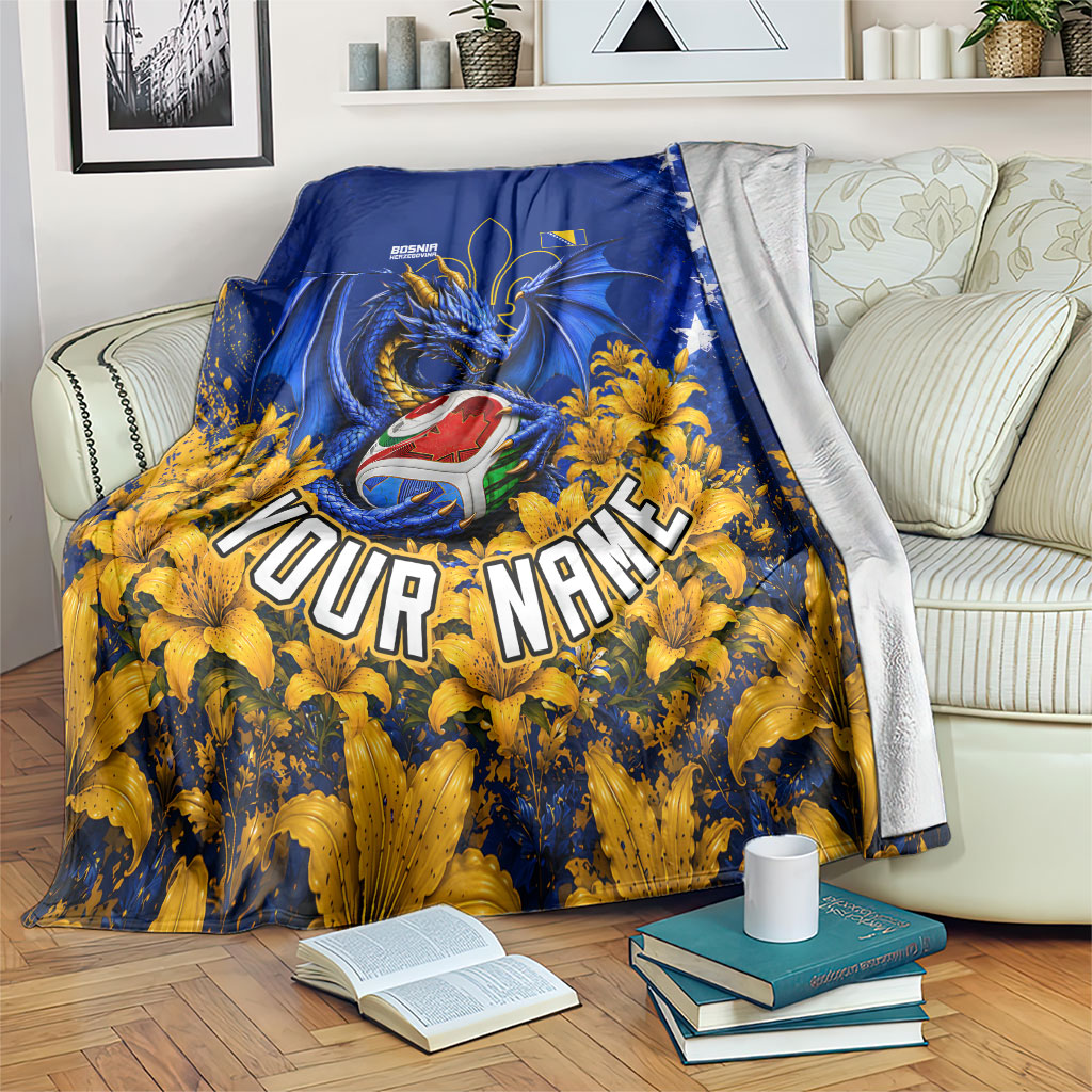 Personalized Bosnia Herzegovina Dragon Soccer Blanket Football Golden Lily Bosnian Flag Cheering Fans