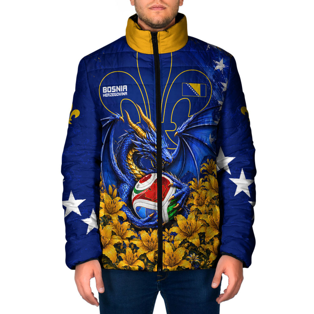 Personalized Bosnia Herzegovina Dragon Soccer Padded Jacket Football Golden Lily Bosnian Flag Cheering Fans