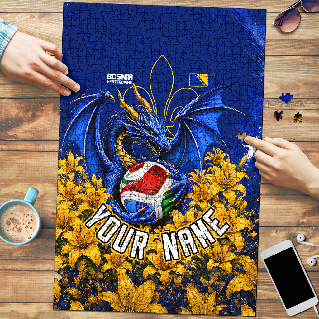 Personalized Bosnia Herzegovina Dragon Soccer Puzzle Football Golden Lily Bosnian Flag Cheering Fans
