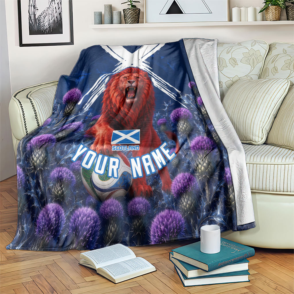 Personalized Scotland Red Lion Soccer Blanket Scottish Saltire Flag Purple Thistle Cheering Fans