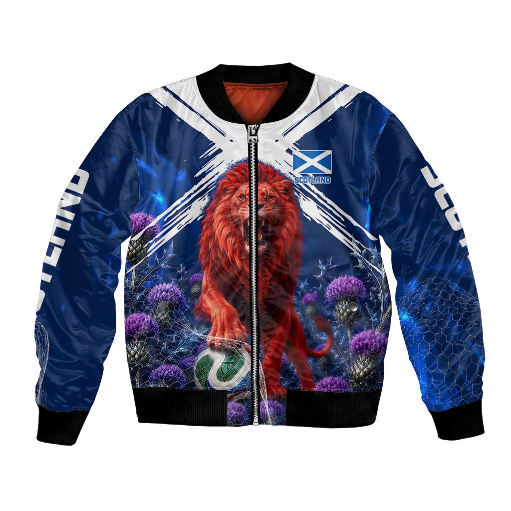 Personalized Scotland Red Lion Soccer Bomber Jacket Scottish Saltire Flag Purple Thistle Cheering Fans