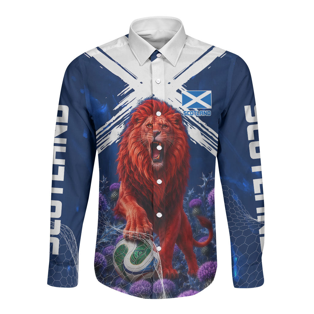 Personalized Scotland Red Lion Soccer Long Sleeve Button Shirt Scottish Saltire Flag Purple Thistle Cheering Fans