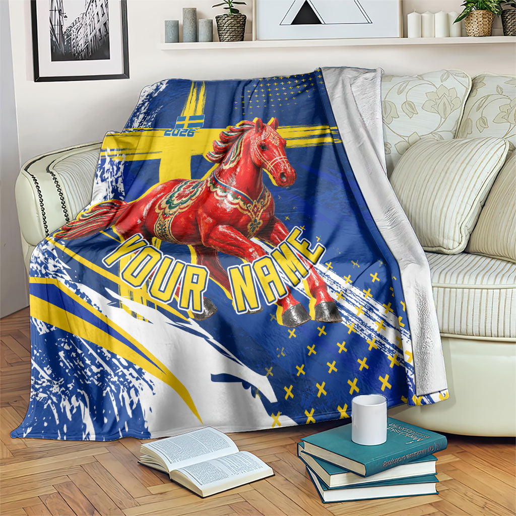 Personalized Sweden Dala Horse Soccer 2026 Blanket Grunge Swedish Flag Brush Strokes
