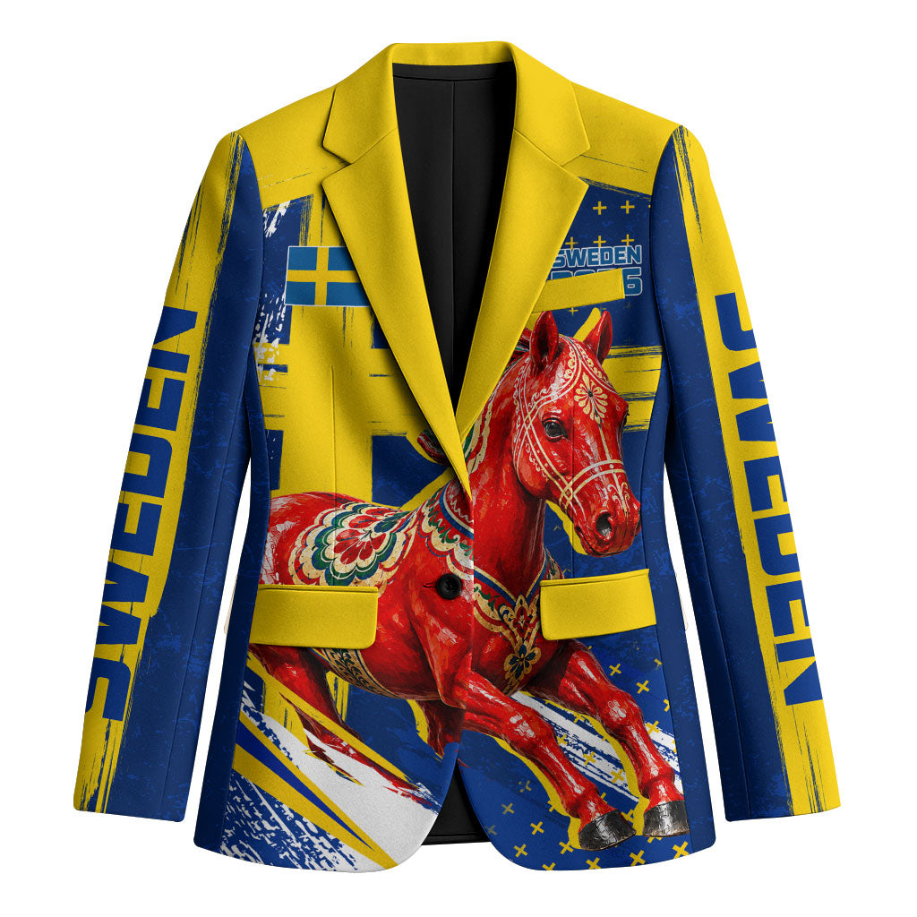 Personalized Sweden Dala Horse Soccer 2026 Blazer Grunge Swedish Flag Brush Strokes