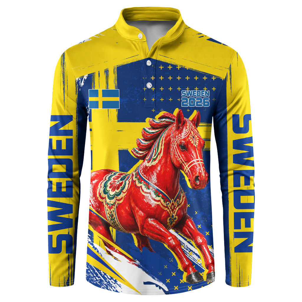 Personalized Sweden Dala Horse Soccer 2026 Button Sweatshirt Grunge Swedish Flag Brush Strokes