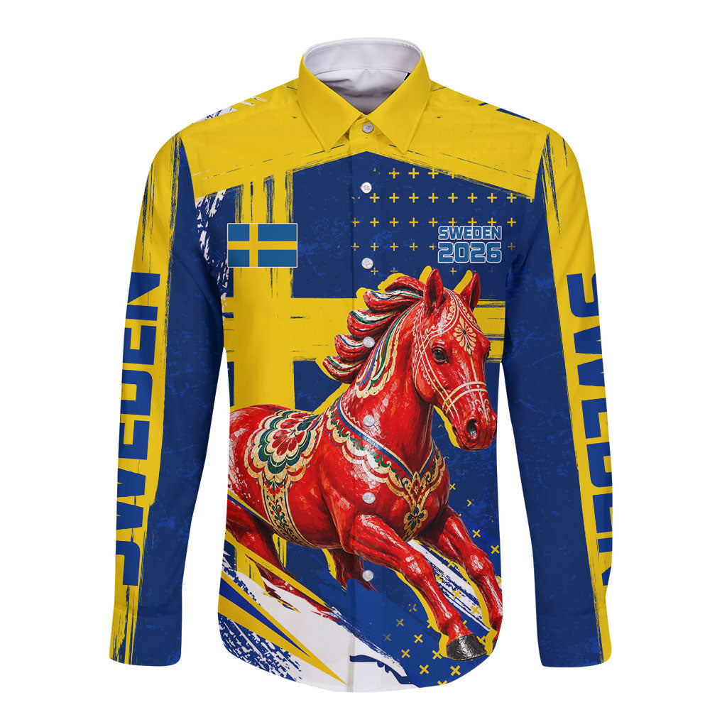 Personalized Sweden Dala Horse Soccer 2026 Long Sleeve Button Shirt Grunge Swedish Flag Brush Strokes