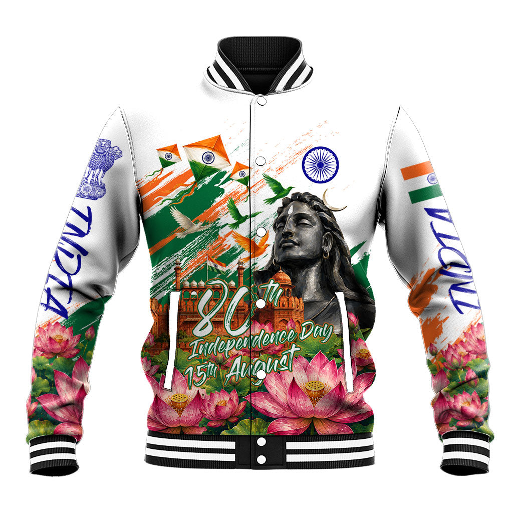 India 80th Independence Day Baseball Jacket Ashoka Chakra Lotus Landmarks Shiva