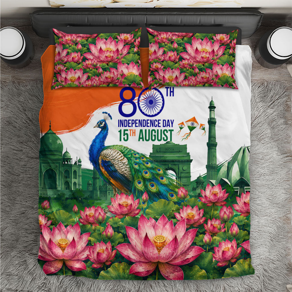India 80th Independence Day Bedding Set India Gate Peacock Lotus Heritage Landmarks
