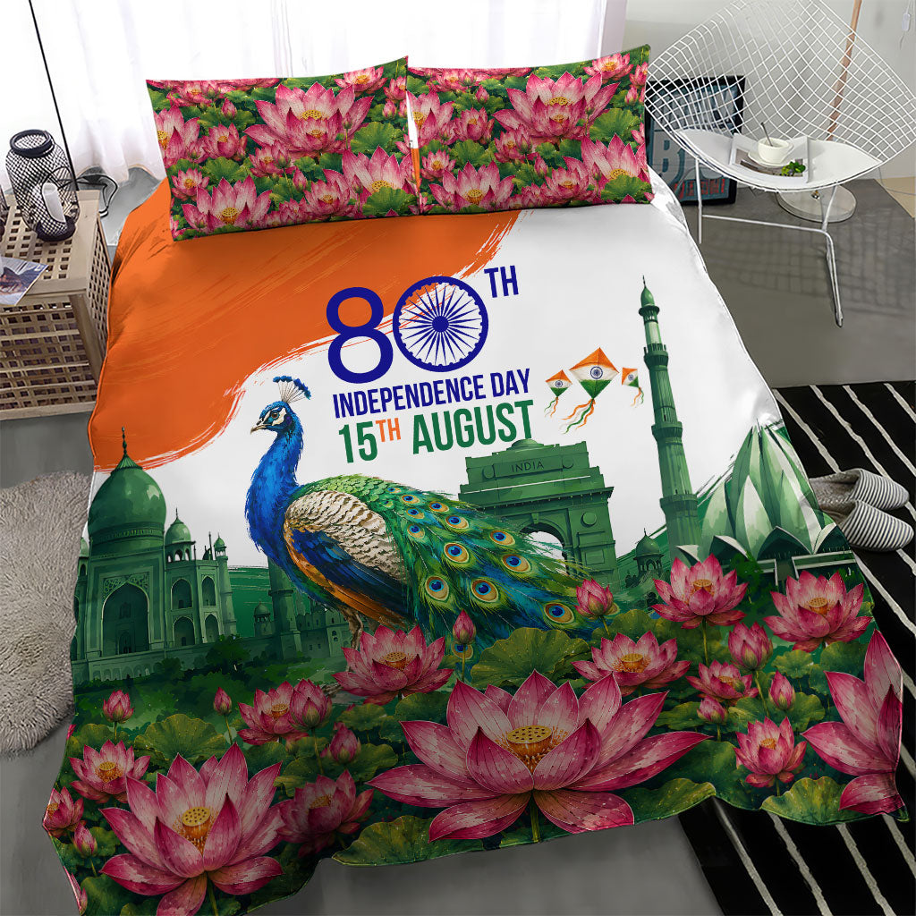 India 80th Independence Day Bedding Set India Gate Peacock Lotus Heritage Landmarks