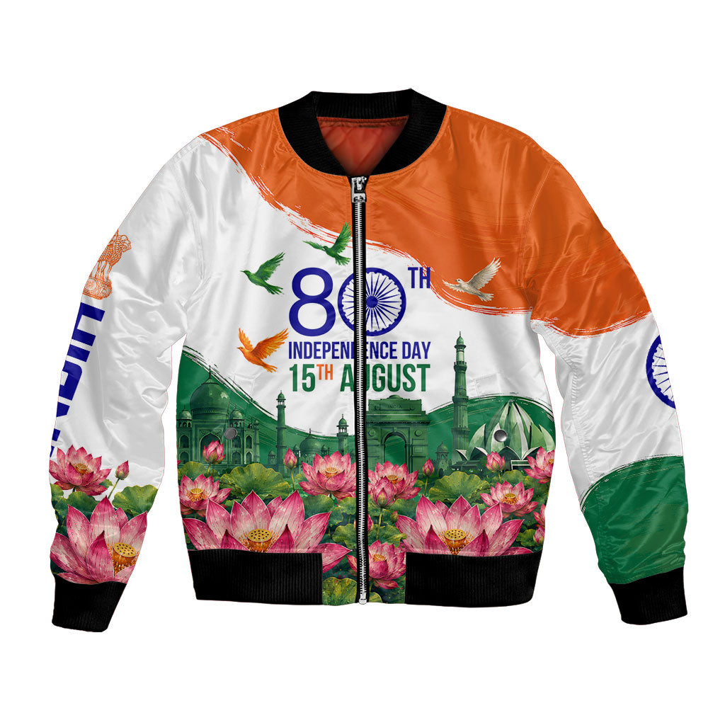 India 80th Independence Day Bomber Jacket India Gate Peacock Lotus Heritage Landmarks