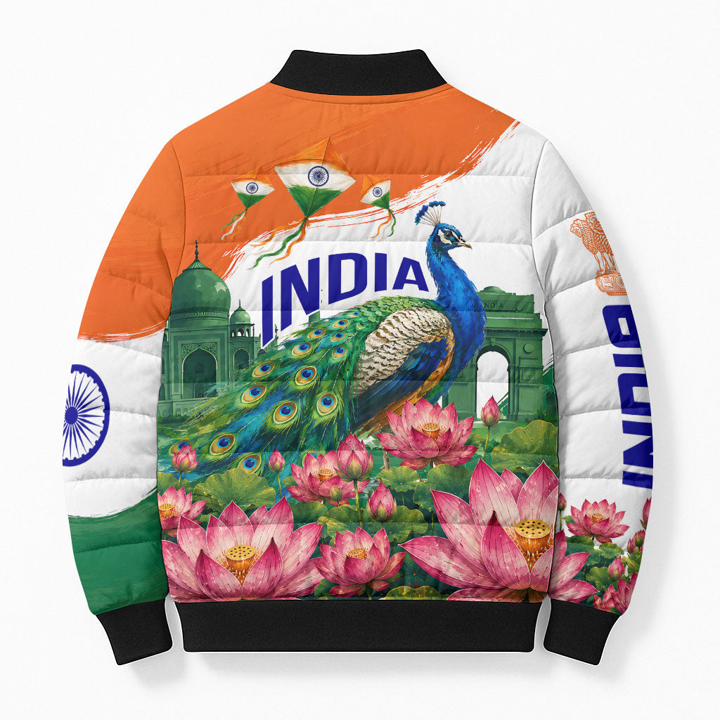 India 80th Independence Day Bomber Puffer Jacket India Gate Peacock Lotus Heritage Landmarks