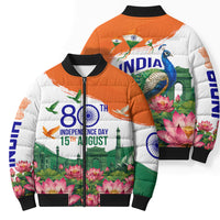 India 80th Independence Day Bomber Puffer Jacket India Gate Peacock Lotus Heritage Landmarks