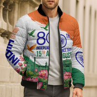 India 80th Independence Day Bomber Puffer Jacket India Gate Peacock Lotus Heritage Landmarks