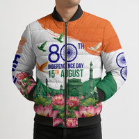 India 80th Independence Day Bomber Puffer Jacket India Gate Peacock Lotus Heritage Landmarks