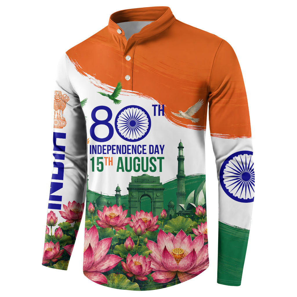 India 80th Independence Day Button Sweatshirt India Gate Peacock Lotus Heritage Landmarks