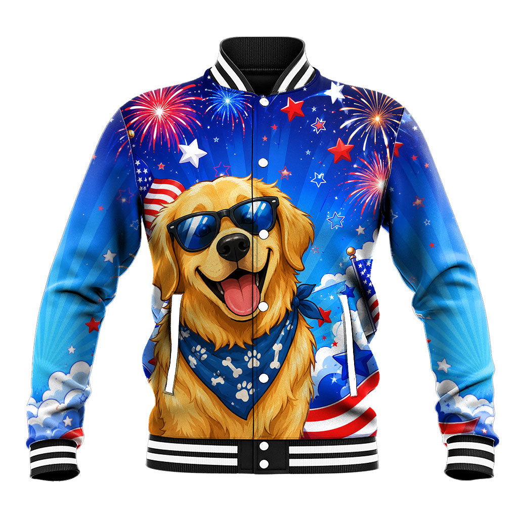My Dog Is A Democrat Golden Retriever Baseball Jacket Patriotic American Fireworks Cute Cartoon Dog