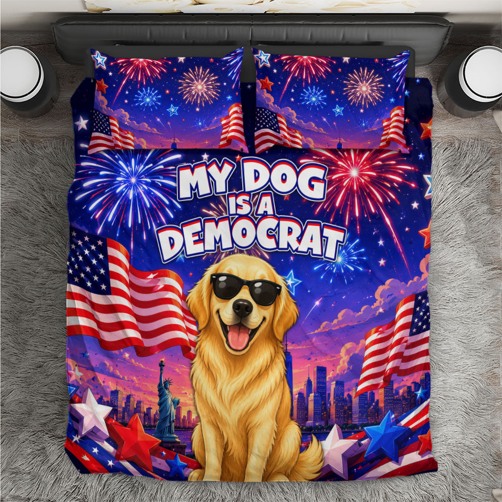 Golden Retriever My Dog Is A Democrat Bedding Set Patriotic Statue Of Liberty Fireworks
