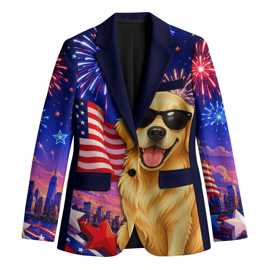 Golden Retriever My Dog Is A Democrat Blazer Patriotic Statue Of Liberty Fireworks