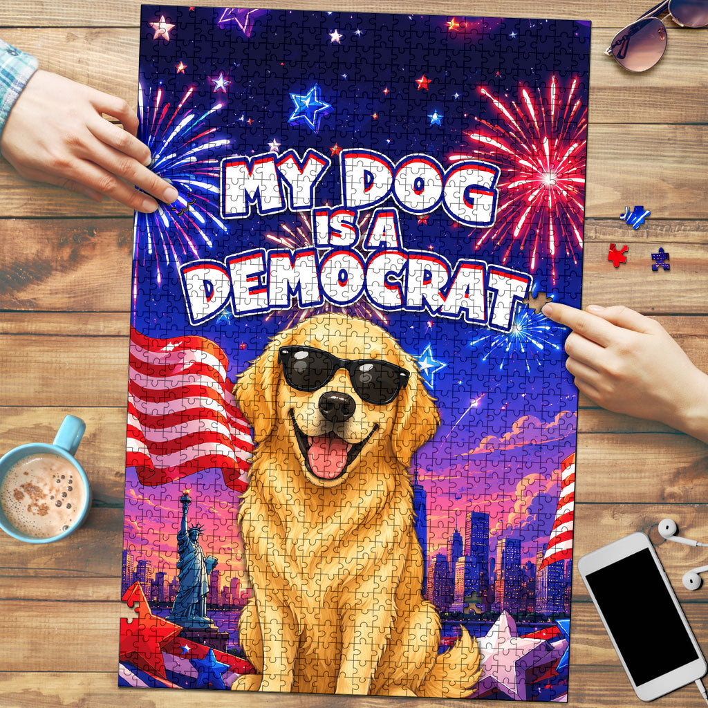 Golden Retriever My Dog Is A Democrat Puzzle Patriotic Statue Of Liberty Fireworks