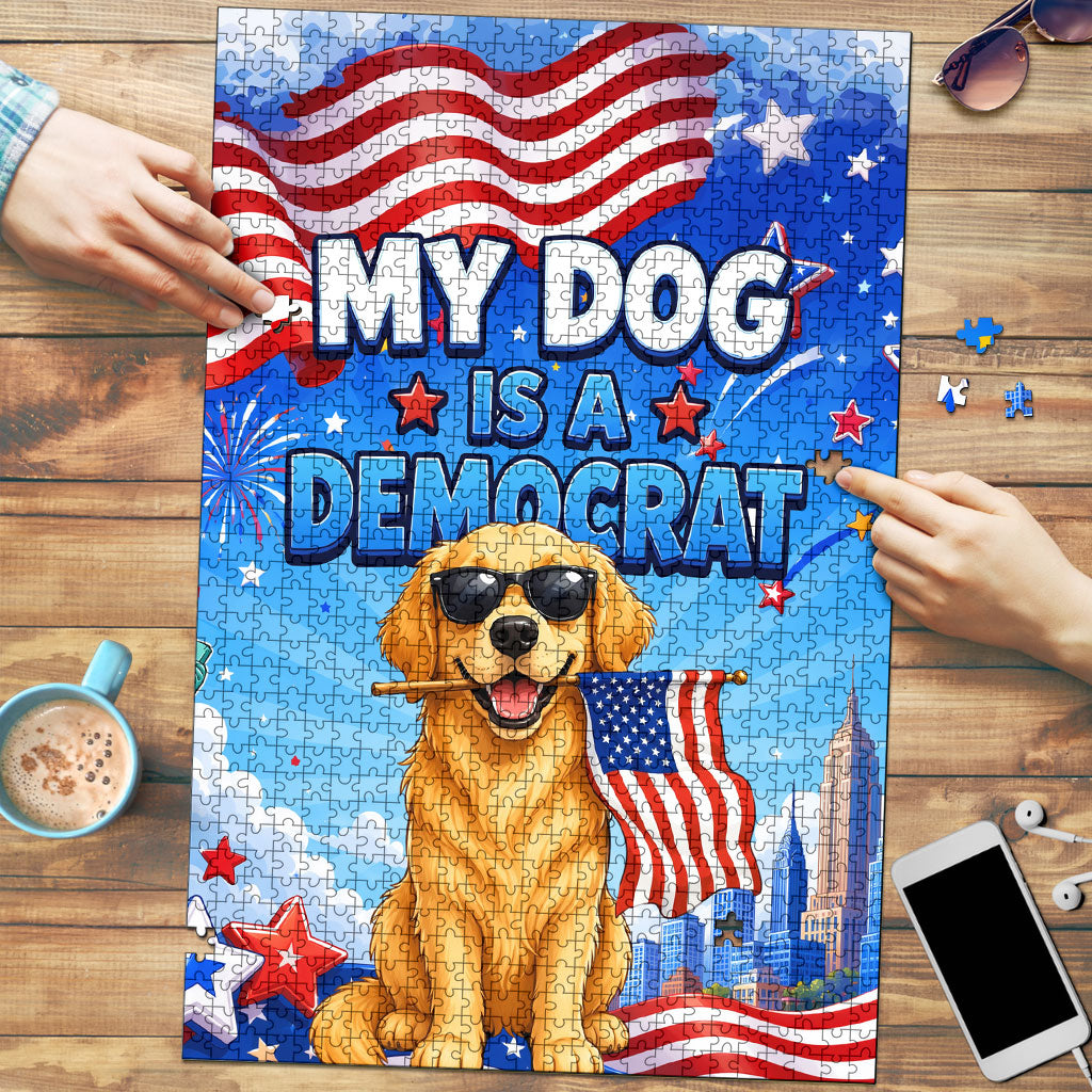 My Dog Is A Democrat Puzzle Golden Retriever Patriotic American Flag Graphic