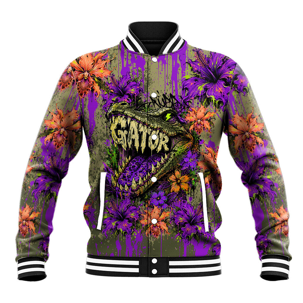 Florida Gator Wild Airboat Baseball Jacket Tropical Hibiscus Floral Graffiti Paint Splatter Art