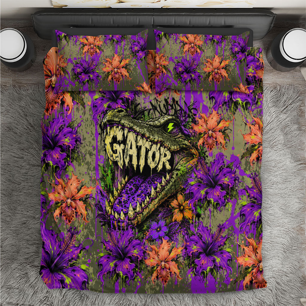 Florida Gator Wild Airboat Bedding Set Tropical Hibiscus Floral Graffiti Paint Splatter Art