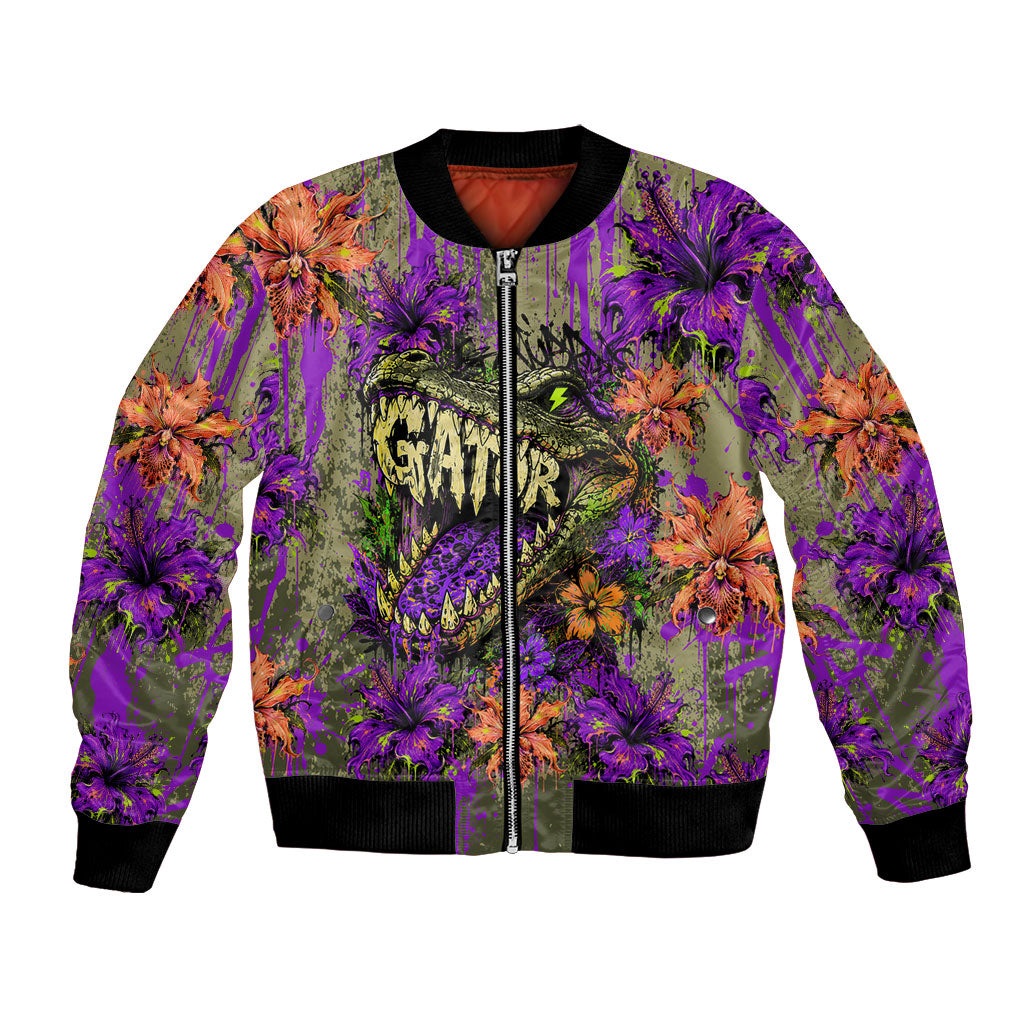 Florida Gator Wild Airboat Bomber Jacket Tropical Hibiscus Floral Graffiti Paint Splatter Art