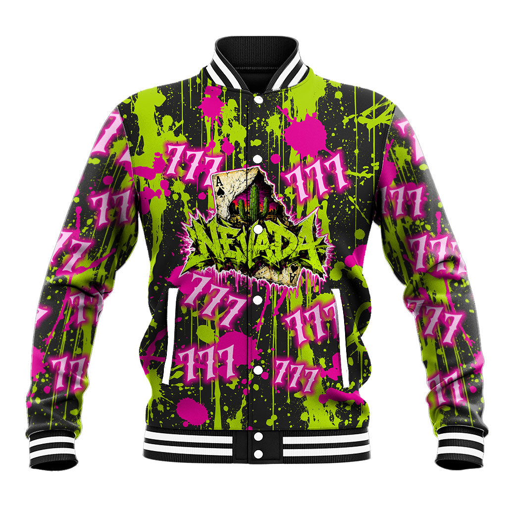 Nevada Battle Born The Silver State 777 Baseball Jacket Vibrant Lime Pink Splatter Punk Rock Bull Skull Art