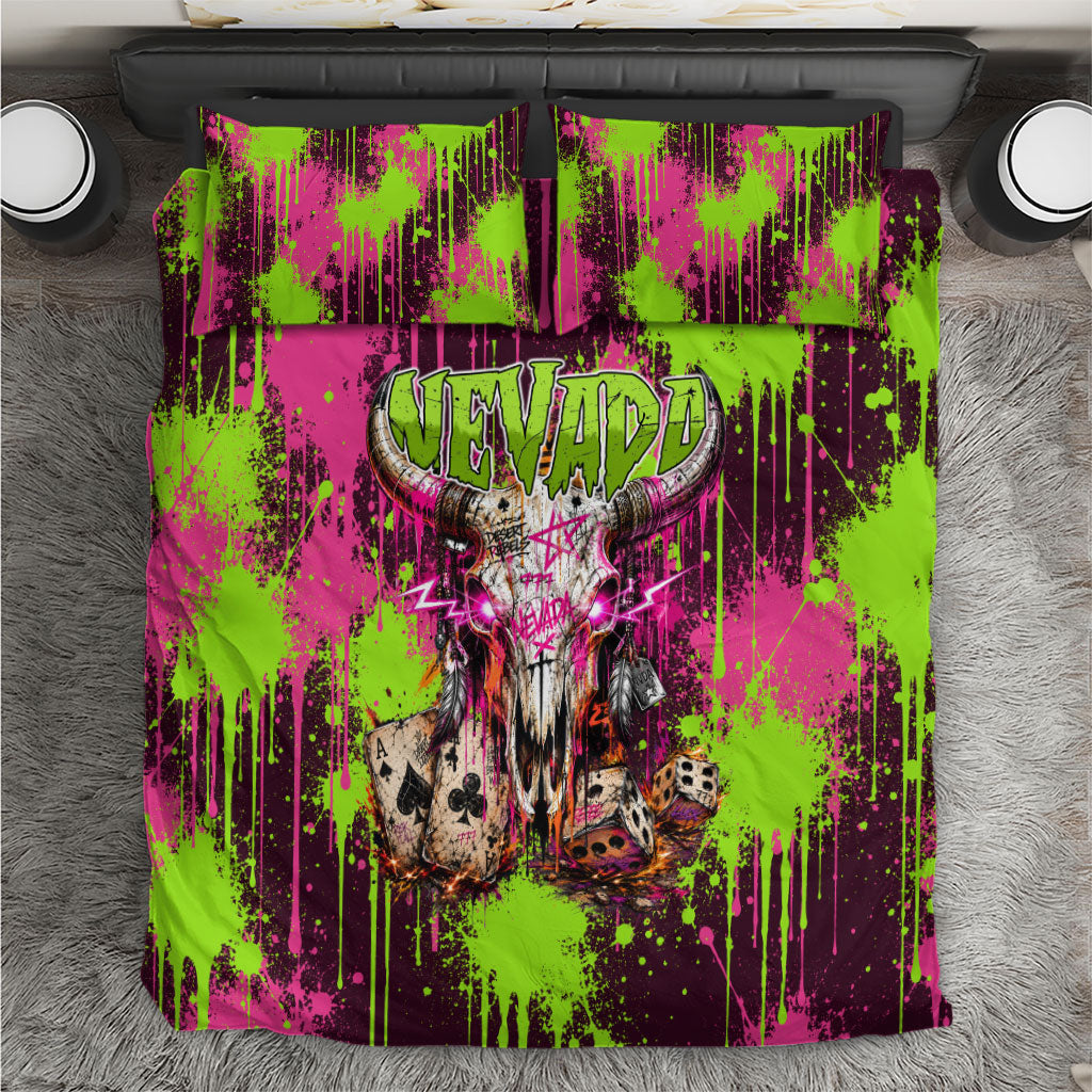 Nevada Area 51 Bull Skull Alien UFO Bedding Set Vibrant Pink Lime Paint Drip Graffiti Street Art Style