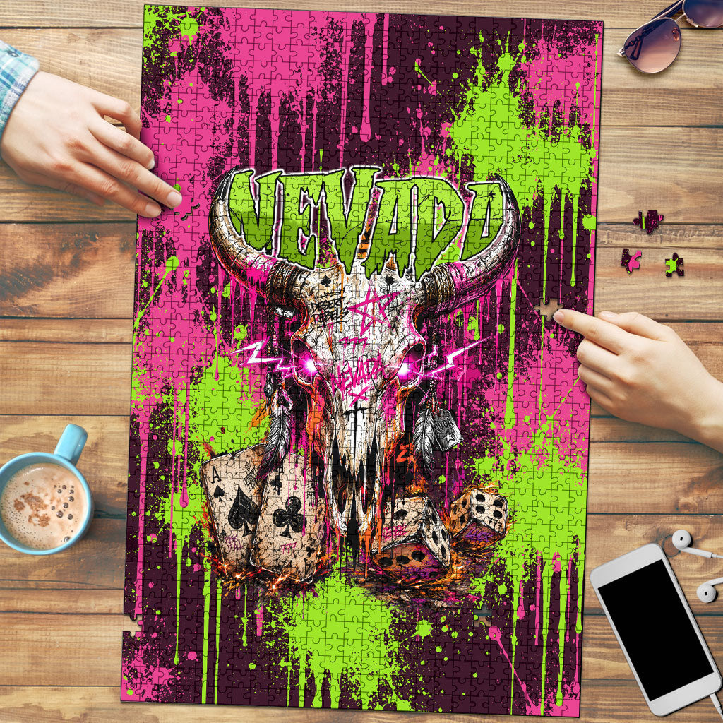 Nevada Area 51 Bull Skull Alien UFO Puzzle Vibrant Pink Lime Paint Drip Graffiti Street Art Style