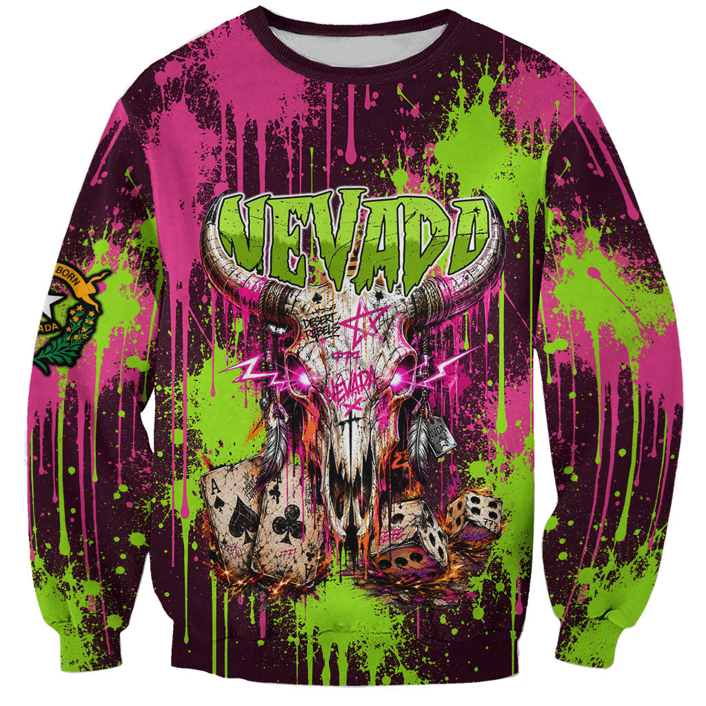 Nevada Area 51 Bull Skull Alien UFO Sweatshirt Vibrant Pink Lime Paint Drip Graffiti Street Art Style