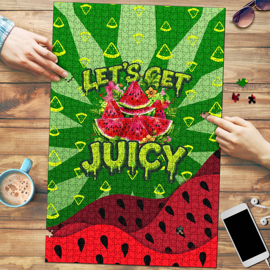Let's Get Juicy Waterwasted Watermelon Puzzle Funny Cartoon Summer Fruit Party Art
