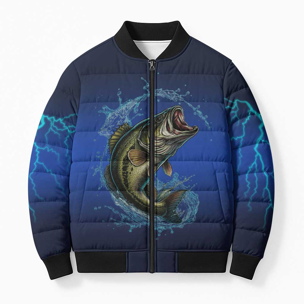 Navy bomber puffer jacket with full-zip and bass graphic, blue lightning accents