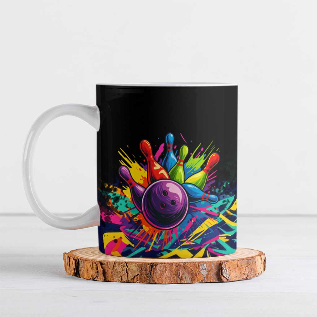 Colorful Bowling Ball and Pins Graphic Ceramic Mug Custom with Paint Splash - Wonder Print Shop