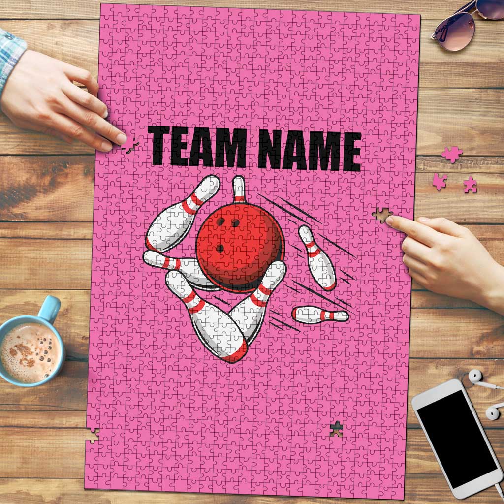 Pink and Black Bowling Puzzle Design with Red Ball and Pins and Custom Team Name Graphic - Wonder Print Shop