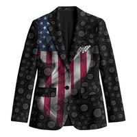 Men’s black blazer with multicolor American flag graphic and patterned circles design
