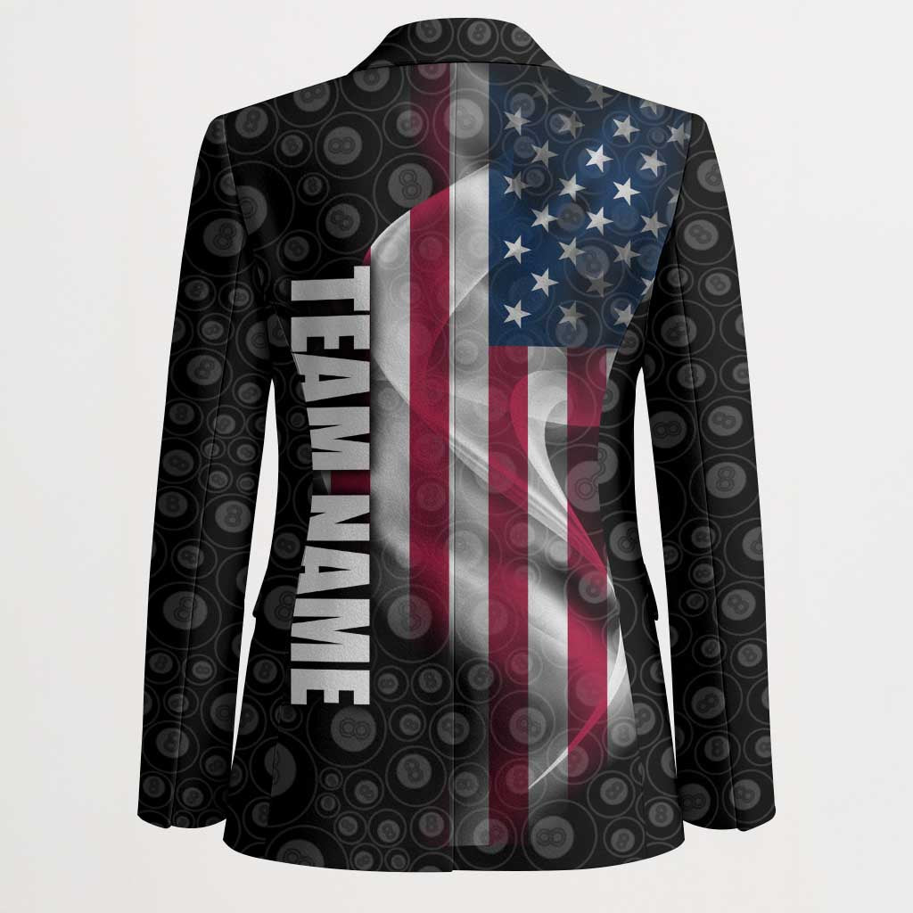 Black blazer back view with American flag graphic and vertical team name text